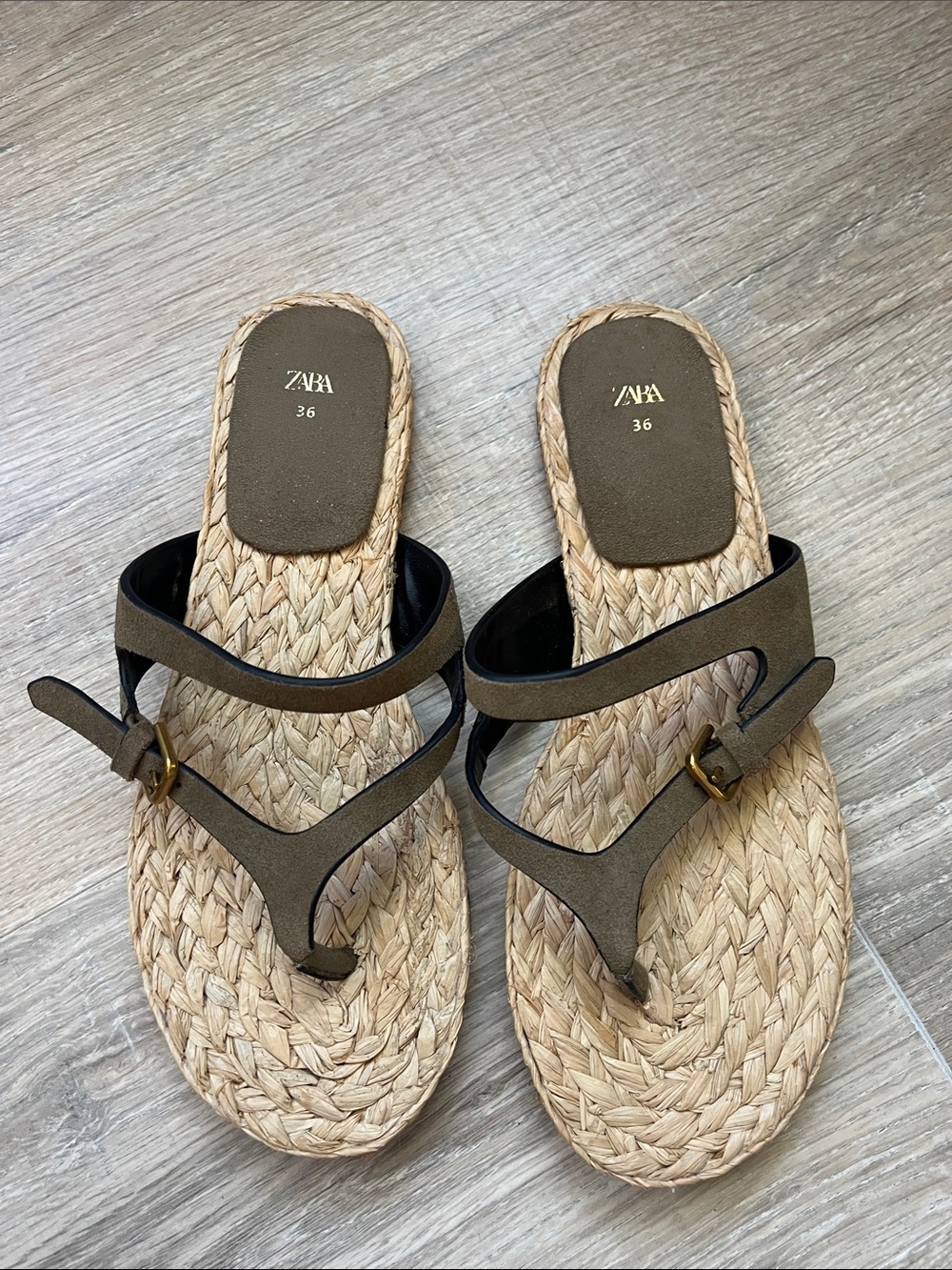 ZARA Olive Braided Espadrille Thong Sandals with Gold Buckles